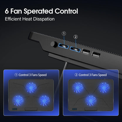 CoolFlow™ Laptop Cooling Pad with 6 Quiet Fans | Adjustable Cooling Stand for 12"-17.3" Laptops with Phone Holder