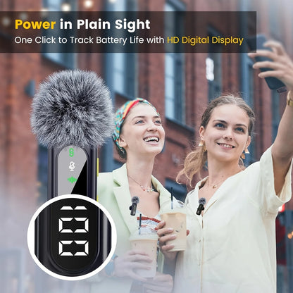 Professional wireless lavalier microphone with digital battery level indicator, 360 °   omnidirectional pickup, USB-C port, 100-foot operating range, 2.4 GHz wireless capability, professional noise reduction via DSP chip, an