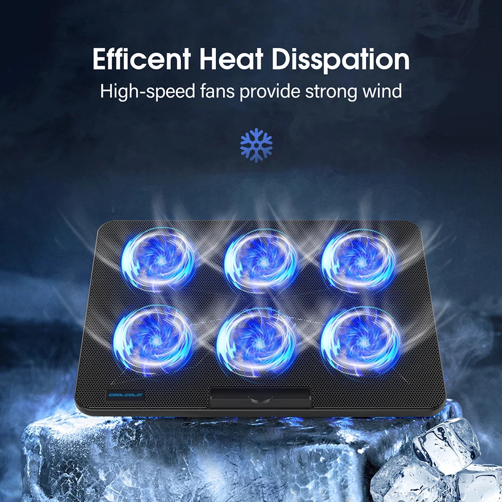 CoolFlow™ Laptop Cooling Pad with 6 Quiet Fans | Adjustable Cooling Stand for 12"-17.3" Laptops with Phone Holder