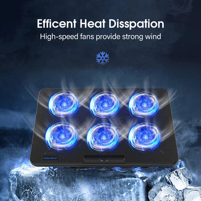 CoolFlow™ Laptop Cooling Pad with 6 Quiet Fans | Adjustable Cooling Stand for 12"-17.3" Laptops with Phone Holder