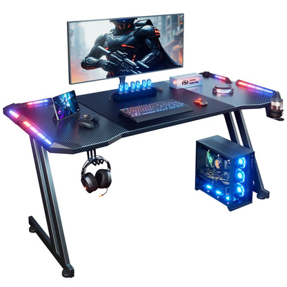 120/140/160cm Gaming Desk with LED Lights, Z Shaped Gaming Table with Cup Holder & Headphone Hook, Ergonomic Computer Table