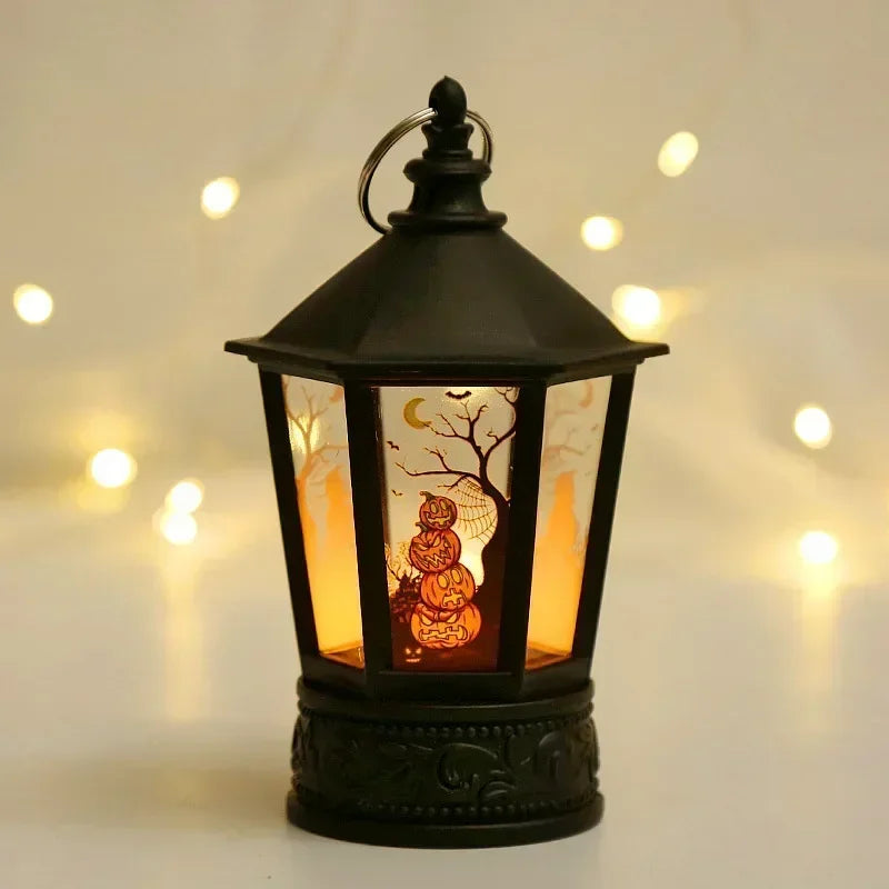 LED Spooky Halloween Lantern - with Flickering Candlelight, Spooky Witch, Pumpkin and Skeleton