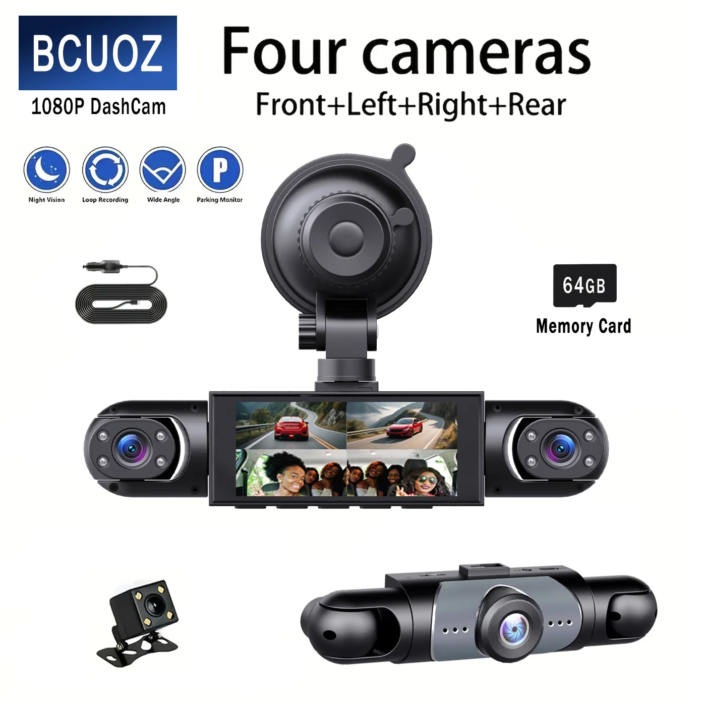 BCUOZ 4-Lens 360° Dashcam, 1080P Front + 720P Built-in Rear Left and Right Car Cameras, Super Night Vision, Loop Recording, G-Sensor, WDR, 12-24V Car Plug Power Supply, Optional 64GB Memory Card.