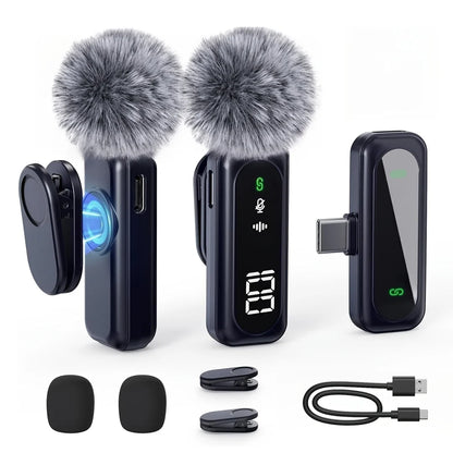 Professional wireless lavalier microphone with digital battery level indicator, 360 °   omnidirectional pickup, USB-C port, 100-foot operating range, 2.4 GHz wireless capability, professional noise reduction via DSP chip, an