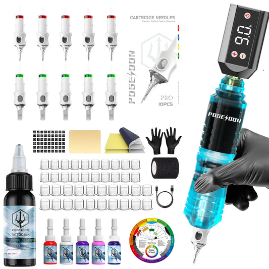 Poseidon™ Wireless Tattoo Pen Kit | Complete Tattoo Machine Kit with Power Supply, Practice Skin & Tattoo Inks